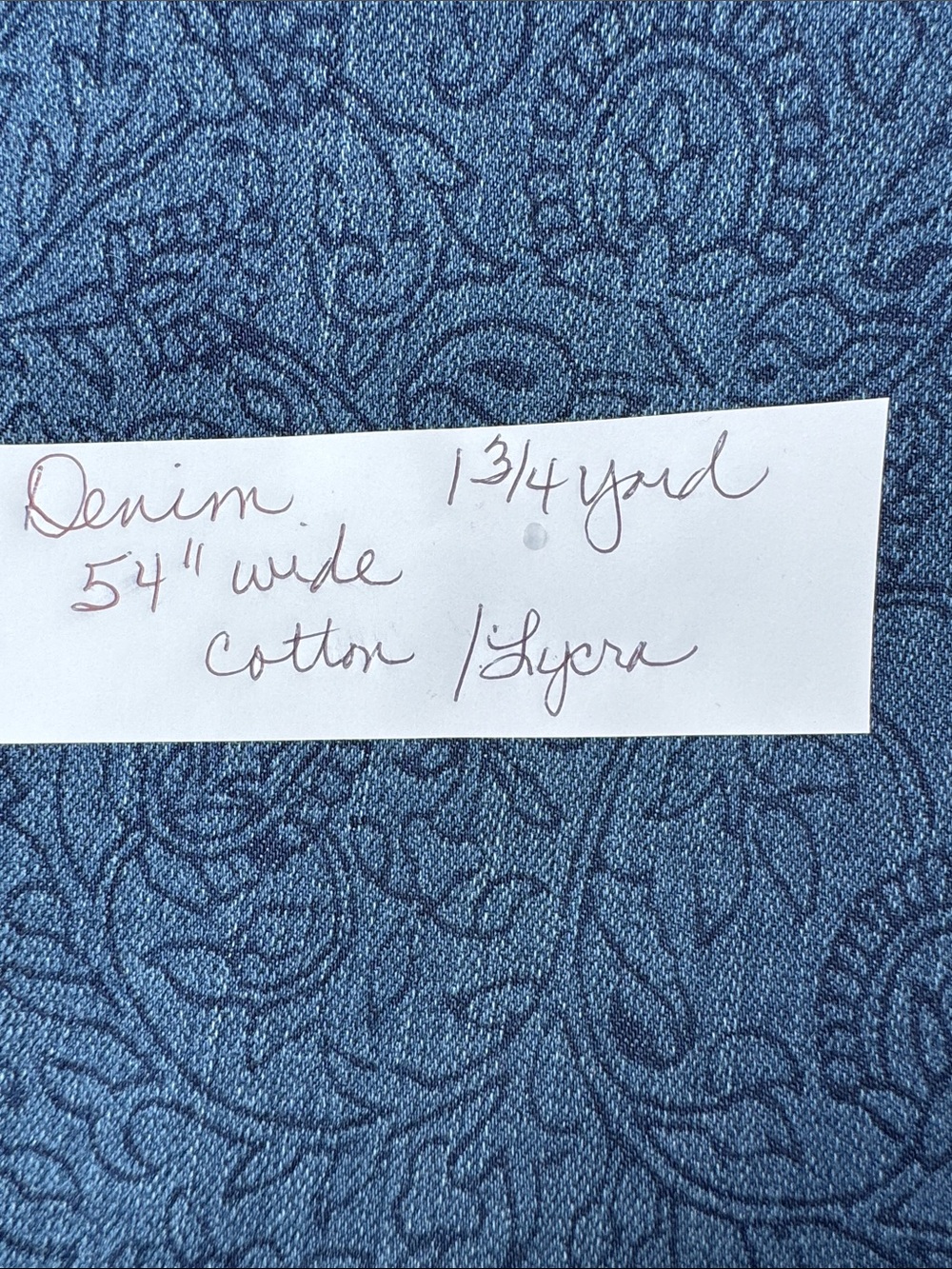 FABRIC Denim Cotton Lycra Printed 54” Wide 1 3/4 yard.